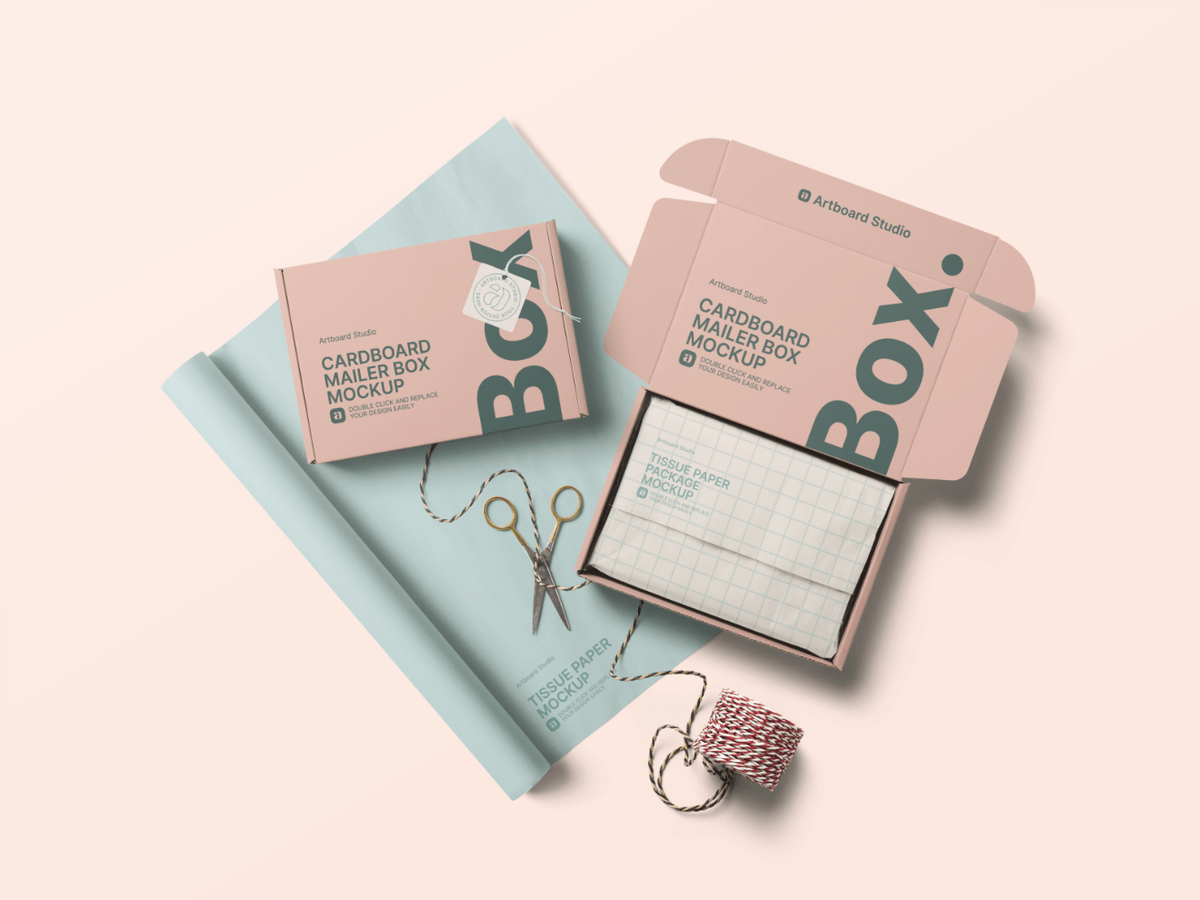 A versatile mockup templates for presenting gift wrapping paper designs in a. Cardboard Mailer Box Wrapping Tissue Paper Mockup Template